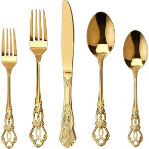 🆕 Gorgeous Retro Royal Gold Stainless Steel 20 Pieces Flatware Set Cutlery Fork